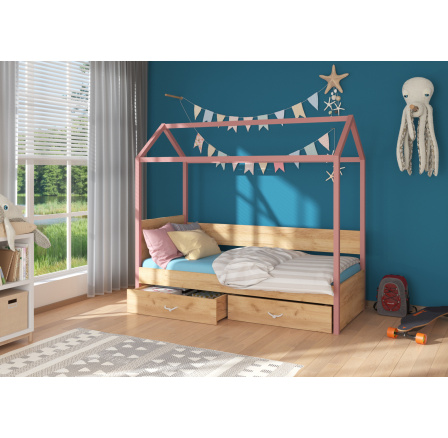 Dětská postel Domek OTELLO 180x80 cm, bez matrace, Růžová/Zlatý Dub