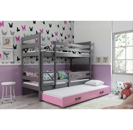 Dětská patrová postel ERYK 3 s přistýlkou 80x160 cm, včetně matrací, Grafit/Růžová