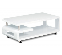 Konferenční stolek 115x60x43, bílá MDF vysoký lesk, chrom, 4 kolečka