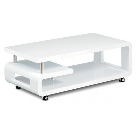 Konferenční stolek 115x60x43, bílá MDF vysoký lesk, chrom, 4 kolečka