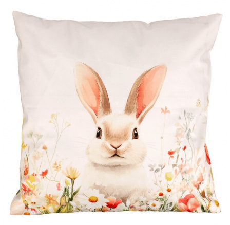 Polštář s výplní - zajíc v rozkvetlé louce, sametový, 45 x 45 cm