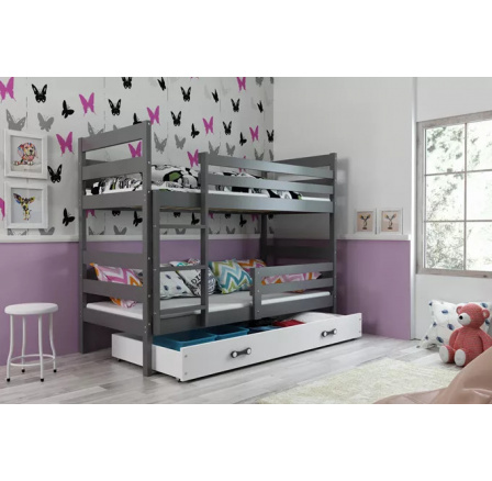 Dětská patrová postel ERYK se šuplíkem 90x200 cm, včetně matrací, Grafit/Bílá