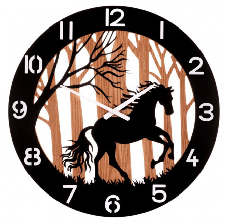 Hodiny nástěnné - pr. 60 cm, kov a dřevo, motiv koně v lese Hodiny nástěnné - pr. 60 cm, kov a dřevo, motiv koně v lese