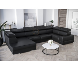 Rohová Kožená sedací souprava s funkcí spaní ROYAL MAX I 210x375x185 - Pravá strana, černá kůže