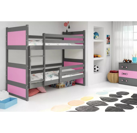 Dětská patrová postel RICO 90x200 cm, včetně matrací, Grafit/Růžová