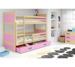 Dětská patrová postel RICO se šuplíkem 80x190 cm, včetně matrací, Přírodní/Růžová
