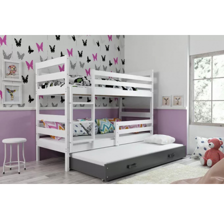 Dětská patrová postel ERYK 3 s přistýlkou 90x200 cm, včetně matrací, Bílá/Grafit