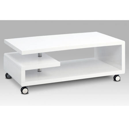 Konferenční stolek 115x60x45, bílá MDF vysoký lesk, chrom, 4 kolečka
