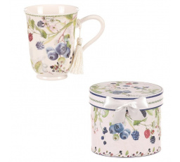 Hrneček v dárkové dóze - porcelán, bílý s lesními plody