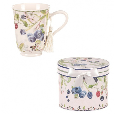 Hrneček v dárkové dóze - porcelán, bílý s lesními plody