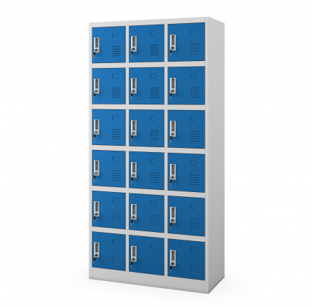 Plechová uzamykatelná šatní skříňka na soklu KAROL, 900 x 1850 x 400 mm, šedo-modrá