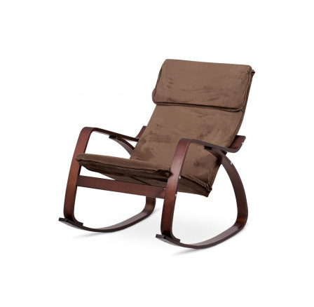 Houpací relaxační křeslo, potah hnědá látka, ohýbaná překližka, moření ořech Houpací relaxační křeslo, potah hnědá látka, ohýbaná překližka, moření ořech