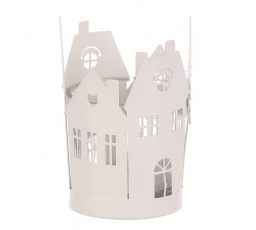 Svícen kovový, tvar domků se stromky - sklo uvnitř, barva bílá