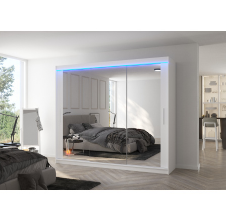 Posuvná skříň se zrcadlem a LED osvětlením CHESTER 250 Bílá+Bílá