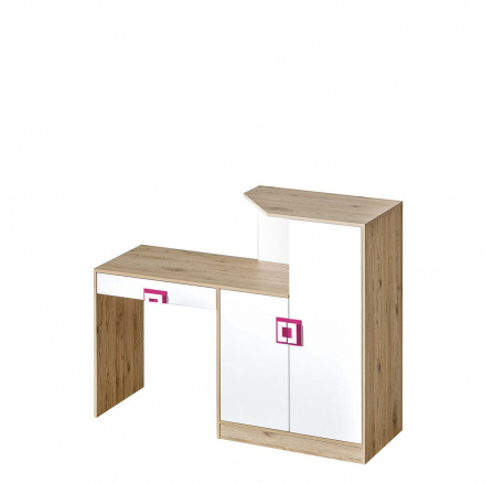 NIKOS 11 - Psací stůl s komodou (NICO 11) - bílá/dub světlý - úchyt růžová (DO) (K150-Z)