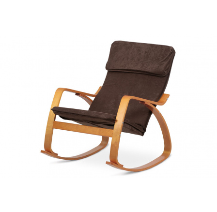 Houpací relaxační křeslo, potah tmavě hnědá látka, ohýbaná překližka, moření třešeň