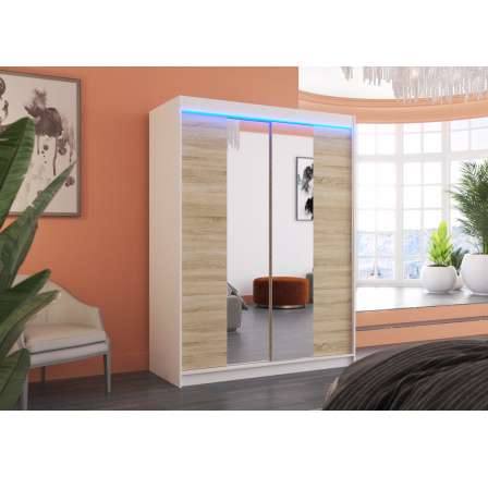 Posuvná skříň se zrcadlem a LED osvětlením FEVER 150 Bílá+Sonoma