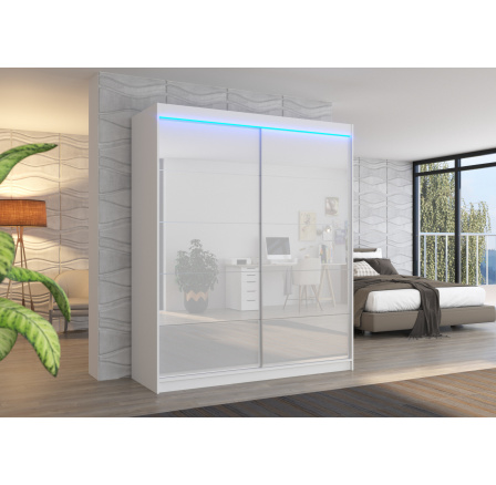 Šatní skříň LUNA 180, Bílá/Bílý LACOBEL + LED osvětlení