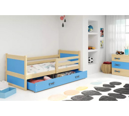 Dětská postel RICO 90x200 cm se šuplíkem, s matrací, Přírodní/Modrá