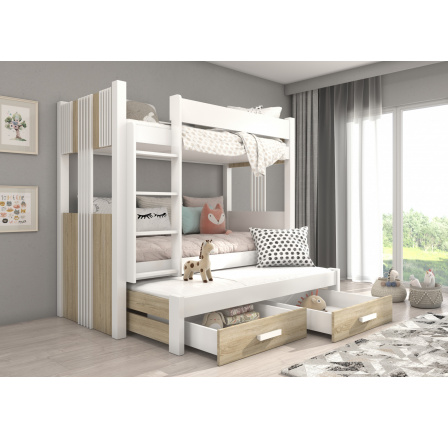 Patrová postel 3 místná ARTEMA 180x80 Bílá+Sonoma s matracemi