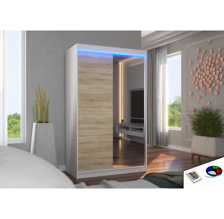 Posuvná skříň se zrcadlem a LED osvětlením REWENA 120 Bílá+Sonoma
