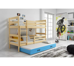 Dětská patrová postel ERYK 3 s přistýlkou 80x160 cm, včetně matrací, Přírodní/Modrá