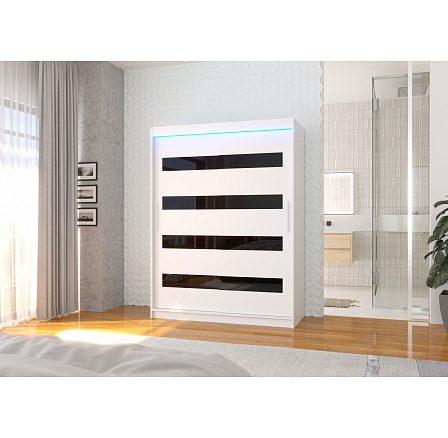 Posuvná skříň s lacobelem a LED osvětlením MARTINEZ 150 Bílá+Černý Lacobel Posuvná skříň s lacobelem a LED osvětlením MARTINEZ 150 Bílá+Černý Lacobel