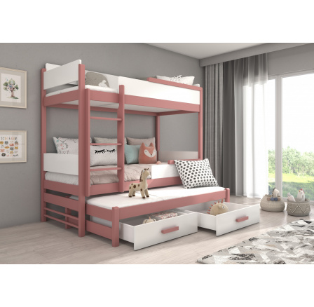 Třílůžková patrová postel QUEEN 180x80 Růžová+Bílá