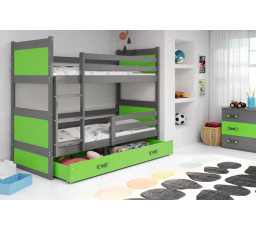 Dětská patrová postel RICO se šuplíkem 90x200 cm, včetně matrací, Grafit/Zelená