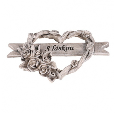 Srdce s růžemi a stuhou - pietní, polyresin, šedá Srdce s růžemi a stuhou - pietní, polyresin, šedá