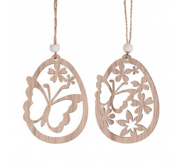 Vajíčko s motýlem - závěsné, dřevo, mix 2 druhů, cena za balení (2 ks)