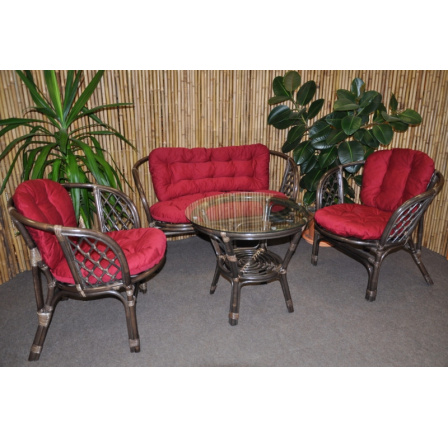 Ratanová sedací souprava Bahama veká hnědá, polstr vínový Ratanová sedací souprava Bahama veká hnědá, polstr vínový