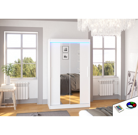 Šatní skříň s posuvnými dveřmi, zrcadlem a LED osvětlením SANTOS 120 Bílá+Bílá