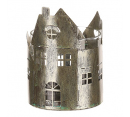 Svícen kovový, tvar domků - sklo uvnitř, barva zlatá-antik