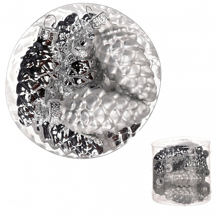 Ozdoby skleněné - 5,5 cm, šišky, stříbrné, cena za balení (13 ks) Ozdoby skleněné - 5,5 cm, šišky, stříbrné, cena za balení (13 ks)