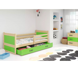 Dětská postel RICO 90x200 cm se šuplíkem, bez matrace, Přírodní/Zelená