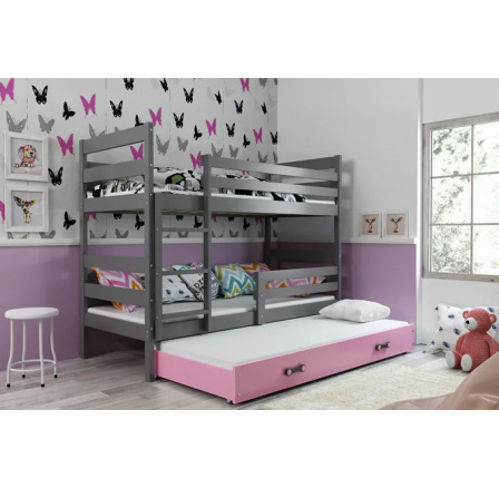 Dětská patrová postel ERYK 3 s přistýlkou 90x200 cm, včetně matrací, Grafit/Růžová