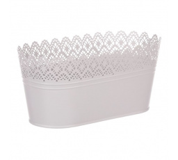 Truhlík kovový, krajkový okraj, šedivá barva.