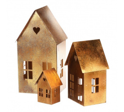 Domeček kovový - svícen, měděno-zlatý, cena za sadu 3 ks