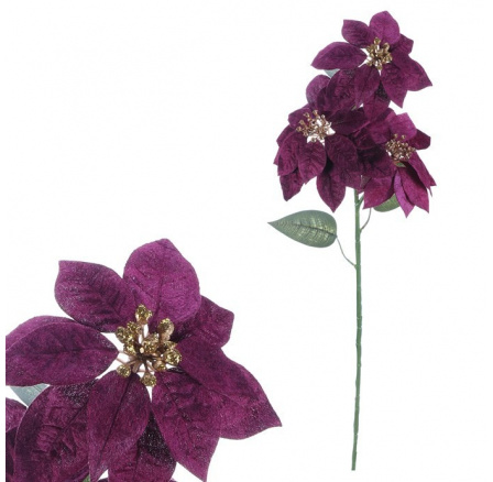 Vánoční růže - umělá řezaná, 3 květy, zlatý střed, fialová Vánoční růže - umělá řezaná, 3 květy, zlatý střed, fialová