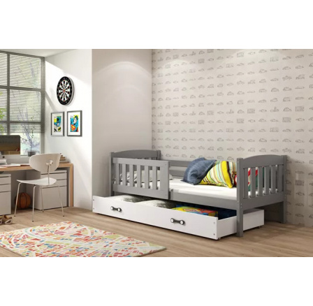 Dětská postel KUBUS 90x200 cm se šuplíkem, s matrací, Grafit/Bílá