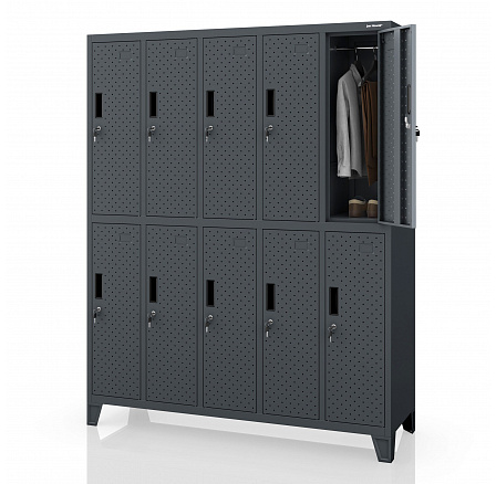 Šatní skříňka BHP, přihrádková, perforovaná, 10 přihrádek, antracitová, 1360x1720x450 mm: BARTEK PRO Šatní skříňka BHP, přihrádková, perforovaná, 10 přihrádek, antracitová, 1360x1720x450 mm: BARTEK PRO