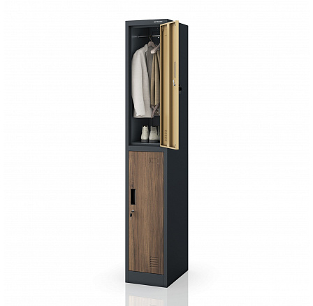 Šatní skříň BHP, zaměstnanecká, jednodílná, 2 přihrádky s tyčí, antracitová/ořech, 316,5x1850x450 mm: IGOR 1 Plus Eco Design Šatní skříň BHP, zaměstnanecká, jednodílná, 2 přihrádky s tyčí, antracitová/ořech, 316,5x1850x450 mm: IGOR 1 Plus Eco Design