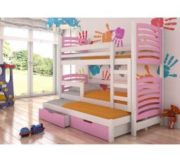 Třílůžková patrová postel s matracemi SORIA White+Pink