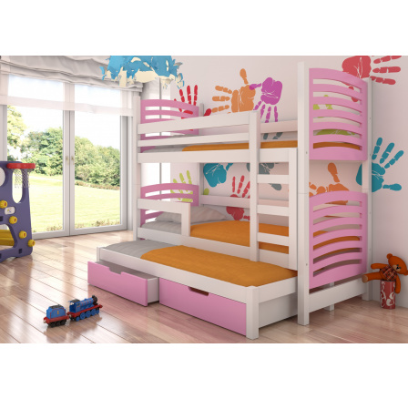 Dětská patrová postel SORIA s výsuvem a se šuplíky, včetně matrací, Bílá/Růžová