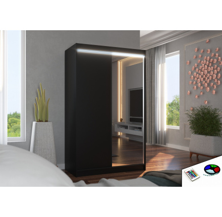 Posuvná skříň se zrcadlem a LED osvětlením REWENA 120 Černá+Černá