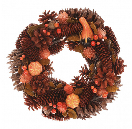 Věnec podzimní - pr. 30 cm, šišky, bobule, dýně, oranžovo-hnědý