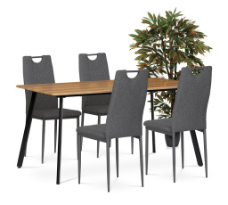 Jídelní set 1+4, stůl 150x80 cm, MDF, dekor medový dub, kov - černý lak, židle potah šedá látka, kov - antracitový lak