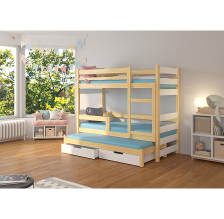 Třílůžková patrová postel s matracemi KARLO Pine+White