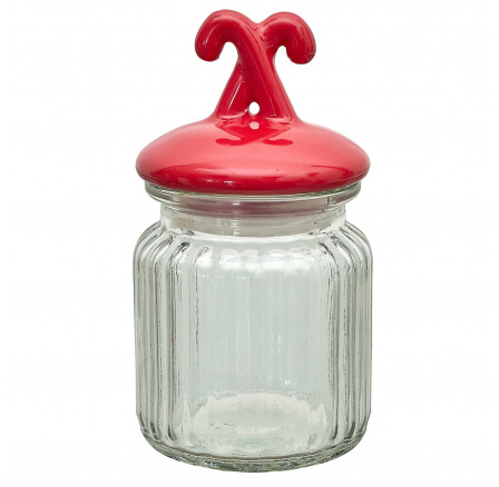 Sklenice s víčkem ve tvaru červených tyček Sklenice s víčkem ve tvaru červených tyček